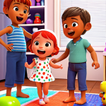 A brightly colored and animated scene of JJ and his family singing and dancing to a simple, catchy tune, surrounded by familiar objects like toys and bath items. The scene evokes a sense of joy, learning, and everyday life, showcasing Cocomelon's simple and repetitive style that appeals to young children.
