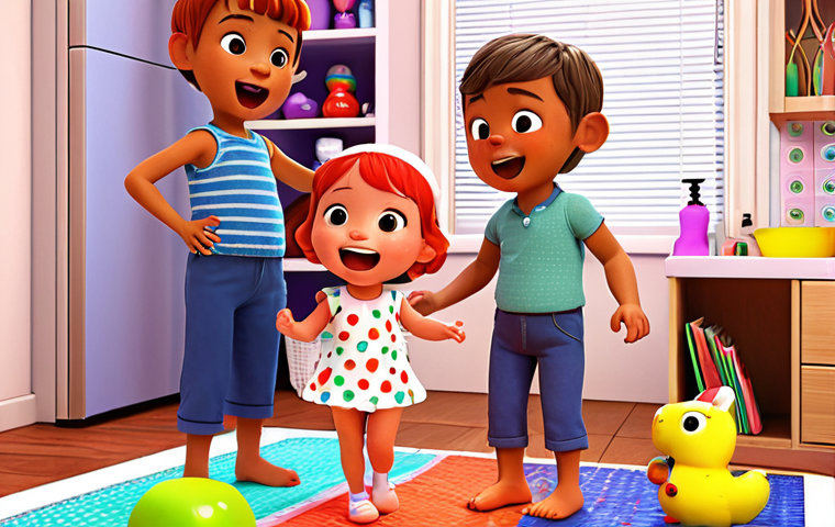 A brightly colored and animated scene of JJ and his family singing and dancing to a simple, catchy tune, surrounded by familiar objects like toys and bath items. The scene evokes a sense of joy, learning, and everyday life, showcasing Cocomelon's simple and repetitive style that appeals to young children.