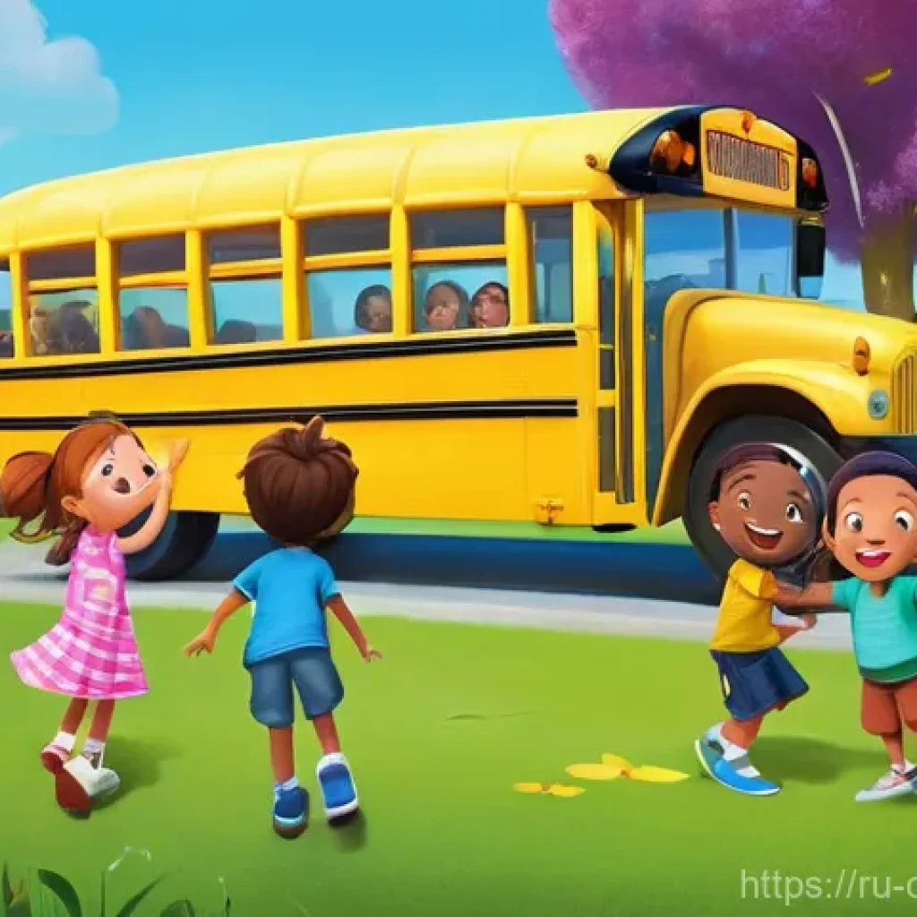 코코멜론 노래 Wheels on the Bus 분석 - **Prompt:** A vibrant, cheerful scene depicting a group of diverse, young children (approximately 3-...