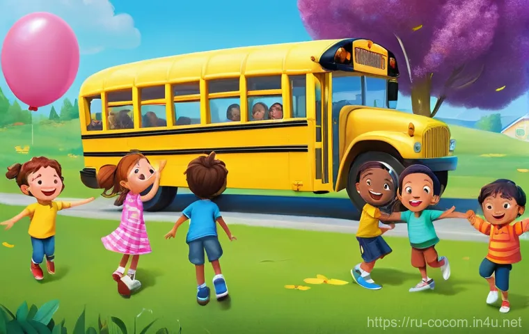 코코멜론 노래 Wheels on the Bus 분석 - **Prompt:** A vibrant, cheerful scene depicting a group of diverse, young children (approximately 3-...