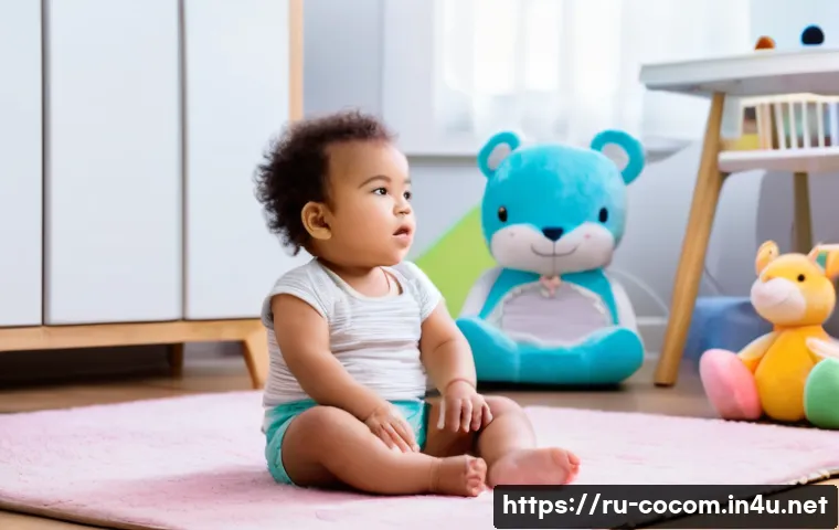 코코멜론의 배경 음악 악기 구성 - A cozy children's playroom scene featuring a young toddler wearing a colorful diaper, sitting comfor...