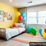 Home 21 코코멜론 테마 파티 준비 팁 - A vibrant CoComelon-themed children’s party room decorated with bright and warm colors including red...