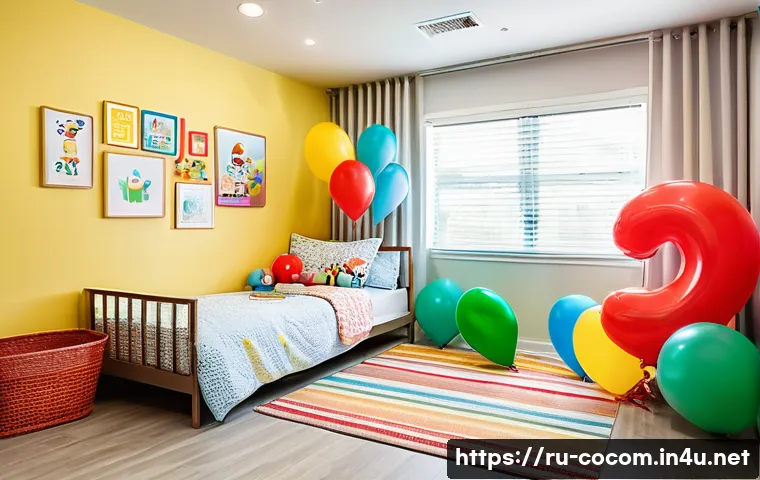 코코멜론 테마 파티 준비 팁 - A vibrant CoComelon-themed children’s party room decorated with bright and warm colors including red...