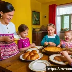 Home 20 코코멜론과 킨더조이 광고 캠페인 분석 - A warm and joyful family scene set in a traditional Russian home during a festive meal, featuring pa...