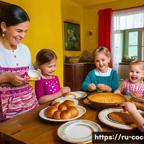 Home 32 코코멜론과 킨더조이 광고 캠페인 분석 - A warm and joyful family scene set in a traditional Russian home during a festive meal, featuring pa...