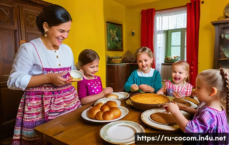 코코멜론과 킨더조이 광고 캠페인 분석 - A warm and joyful family scene set in a traditional Russian home during a festive meal, featuring pa...