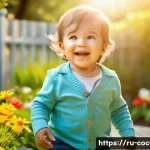 Home 19 코코멜론 캐릭터별 주요 스토리 - A vibrant and friendly family scene featuring a curious toddler boy wearing colorful toddler clothes...
