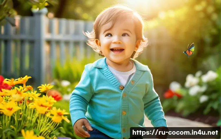 코코멜론 캐릭터별 주요 스토리 - A vibrant and friendly family scene featuring a curious toddler boy wearing colorful toddler clothes...