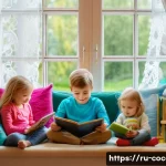 Home 18 코코멜론 노래 듣기 무료 스트리밍 서비스 - A cozy modern living room scene showing a Russian family with young children happily listening to ch...