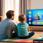 Home 23 코코멜론의 유튜브 알림 설정 방법 - A cozy family living room scene featuring a Russian family with young children watching CocoMelon on...